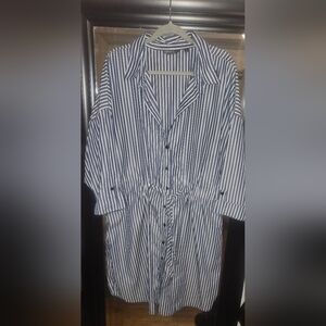 Mlle Gabrielle Navy and White Vertical Stripe Button-Down Shirt Dress